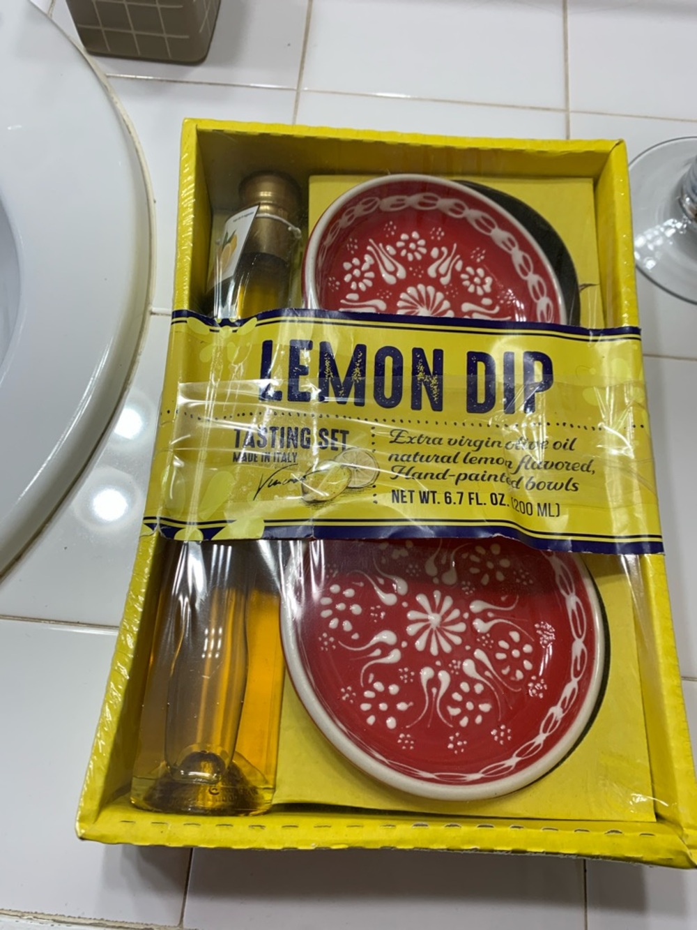 Lemon Red Hand-Painted Dip Set with Olive Oil Bottle
